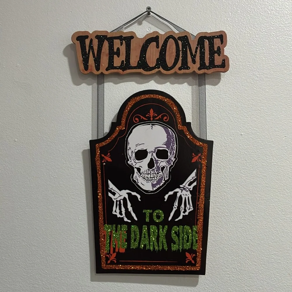 NWT-WELCOME- To The Dark Side- Glittered Wooden Tombstone Sign w/ Skeleton
